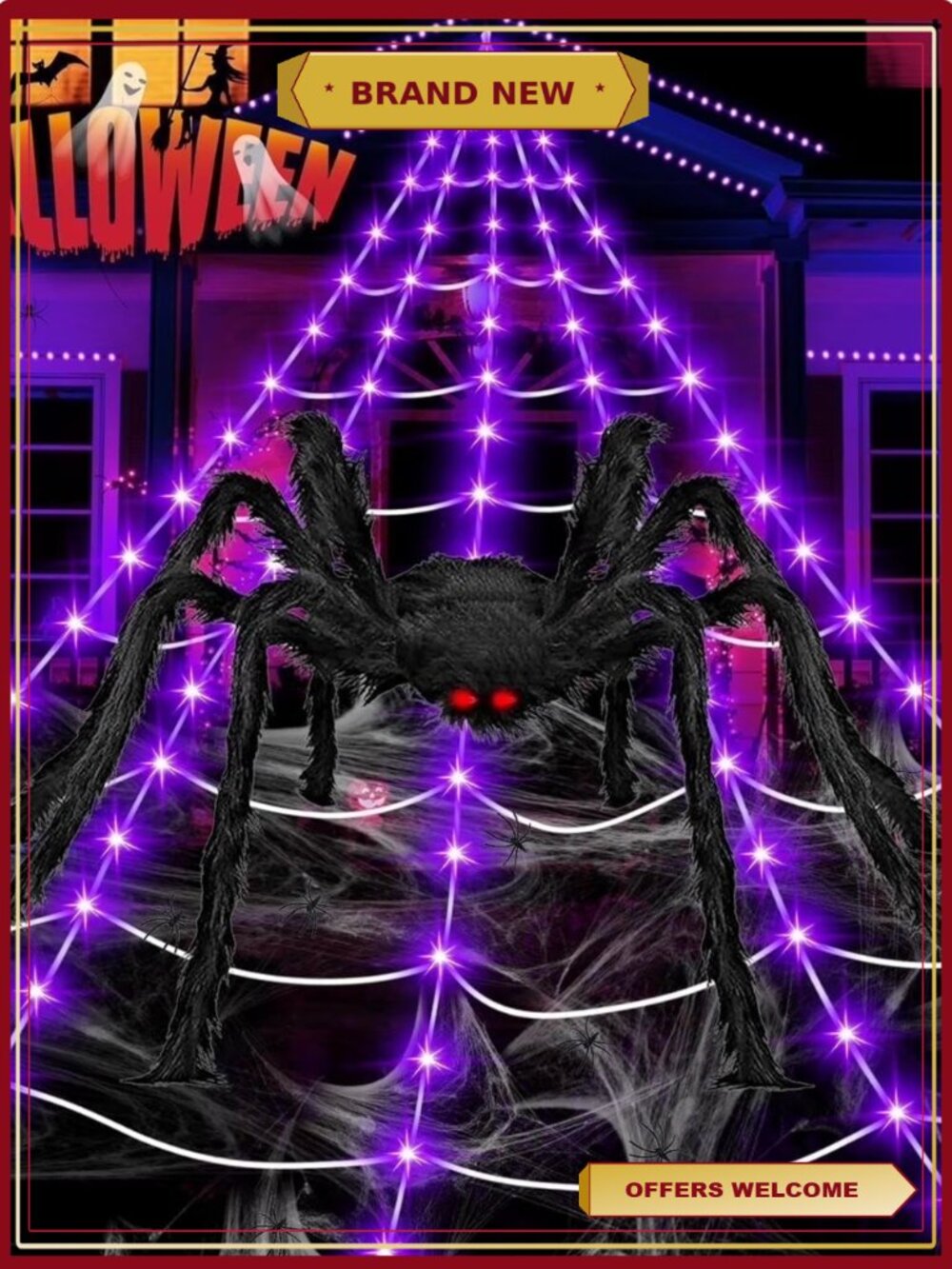 Giant Spider Web Halloween Decoration Outdoor with 200 Purple LED Lights